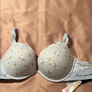 PINK Victoria's Secret Push-up Floral Bra - Light Gray blue